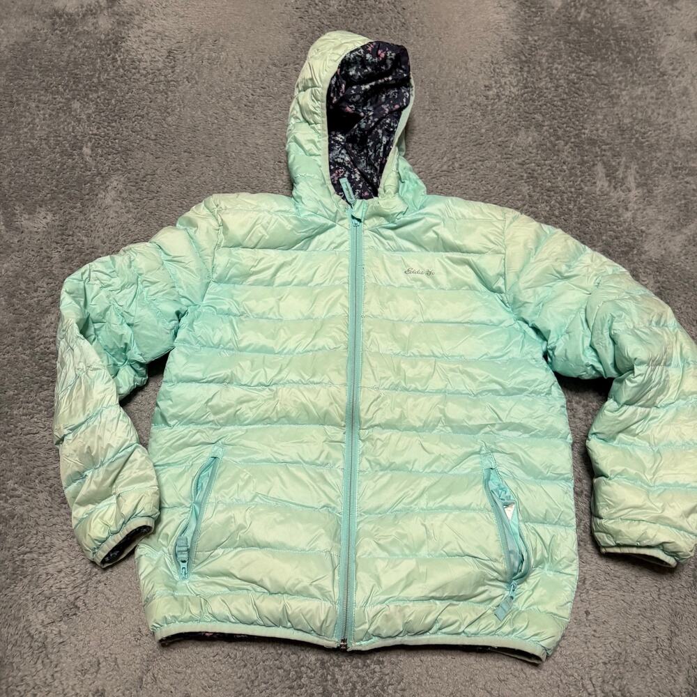 Eddie Bauer Puffer Jacket Kids Youth Large 14-16 Green Blue Reversible Down Coat